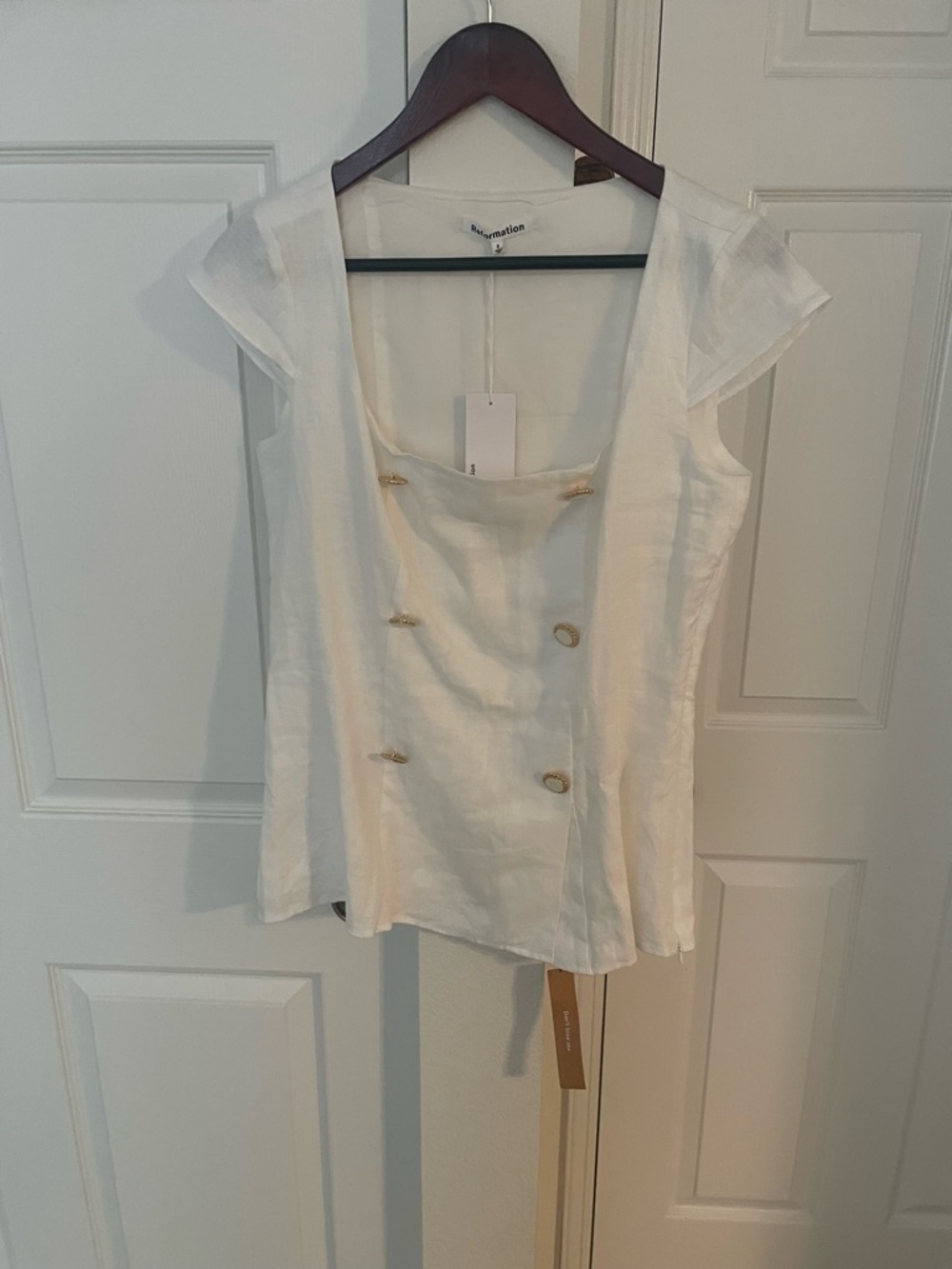 Reformation White Double-Breasted Linen Cap-Sleeve Top